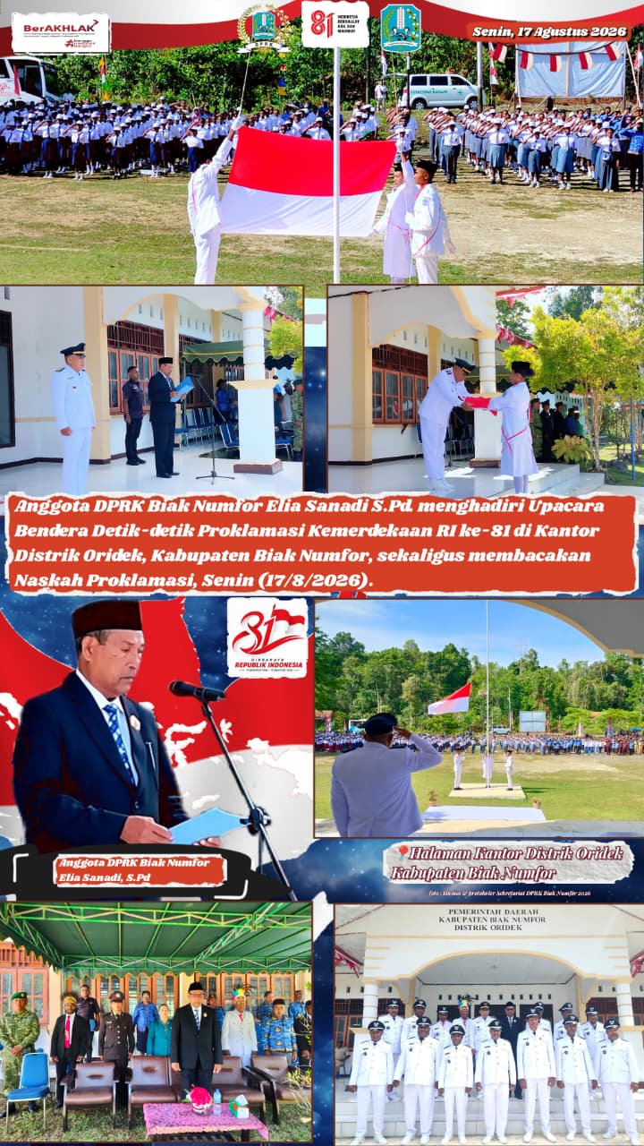 HUT RI KE 81 TAHUN DI KANTOR DISTRIK ORIDEK TEKS PROKLAMASIH DI BACAKAN OLEH ANGGOTA DPRK BIAK NUMFOR ELIA SANDI S.Pd